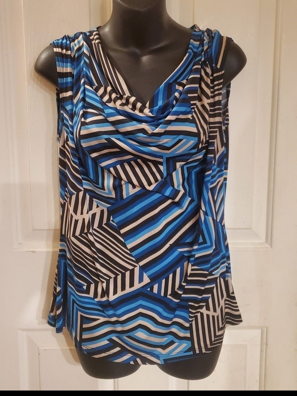 Draped Cowl Neck Geometric Stripe Camisole - Blue/Black/White - Picture 1 of 6